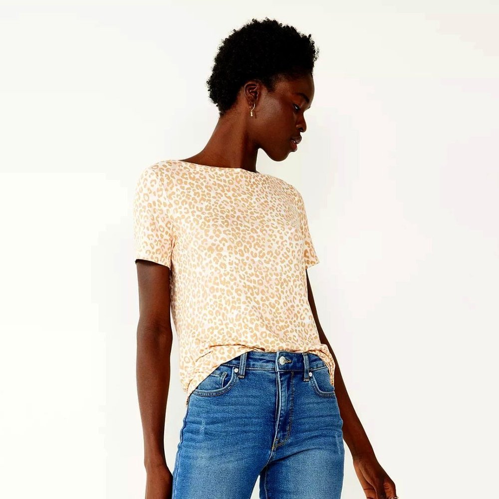 NEW Nine West XXL Soft Spun Cheetah Beige Cream Boatneck Top Tee